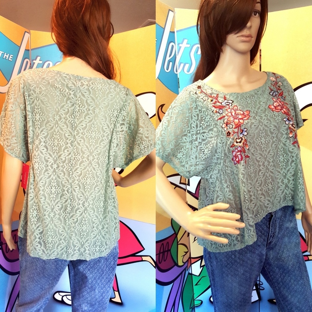⬇️ Embroidered Floral Lace High-low Crop Top Teal